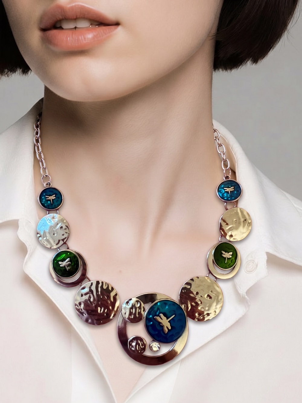 paparazzi Silver-Tone Necklace with Blue and Green Enamel Dragonfly Medallions